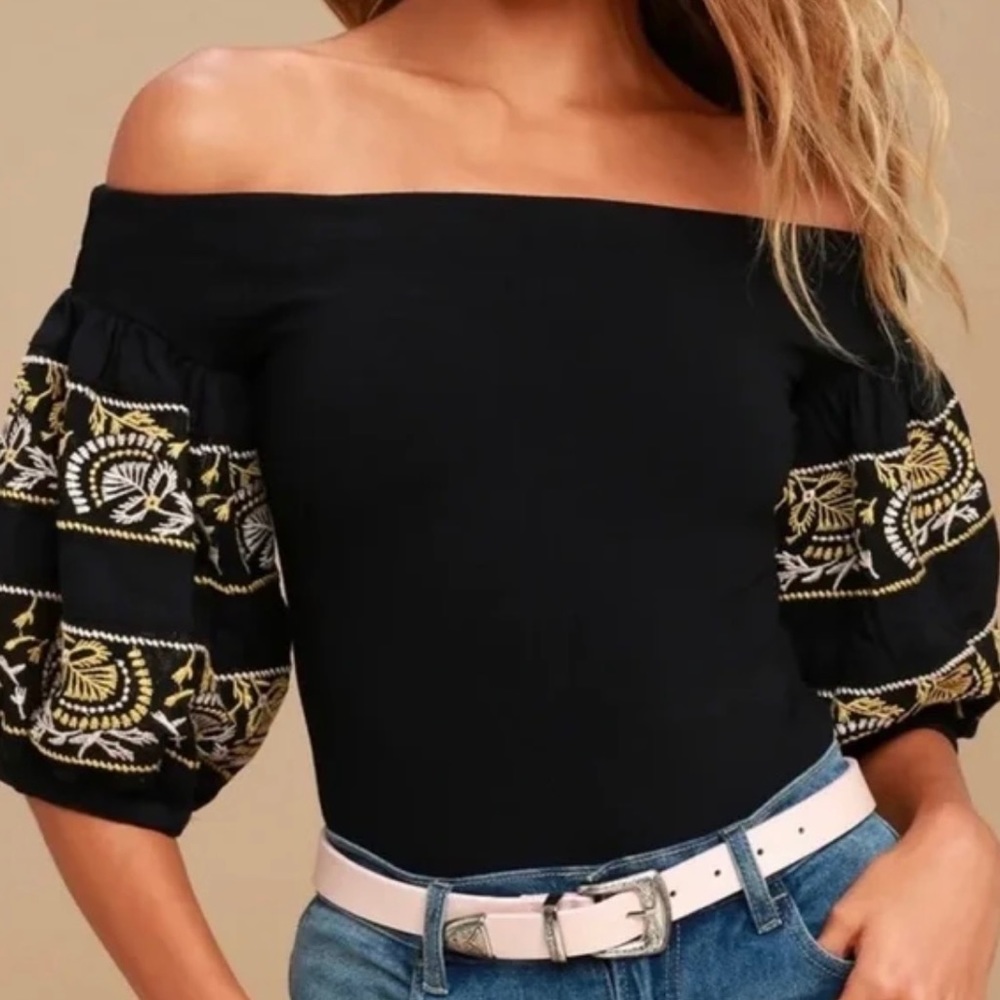 Free People Rock With It Shirt- Off Shoulder - Embroidered